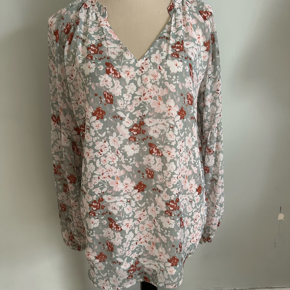 BOHEMIAN STYLE LINED GREEN FLORAL PRINT V NECK LONG PUFF SLEEVE TOP SIZE M (I12)